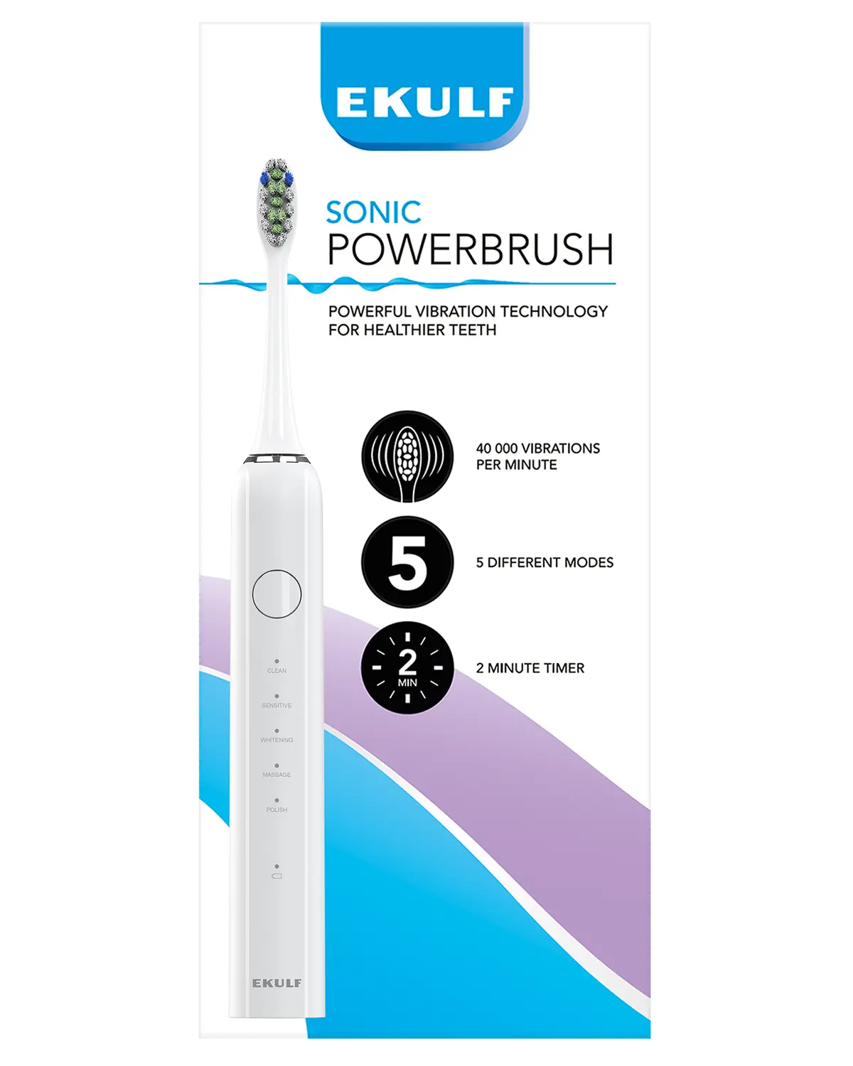 Ekulf Sonic Powerbrush elektrisk tannbørste hvit 1 stk