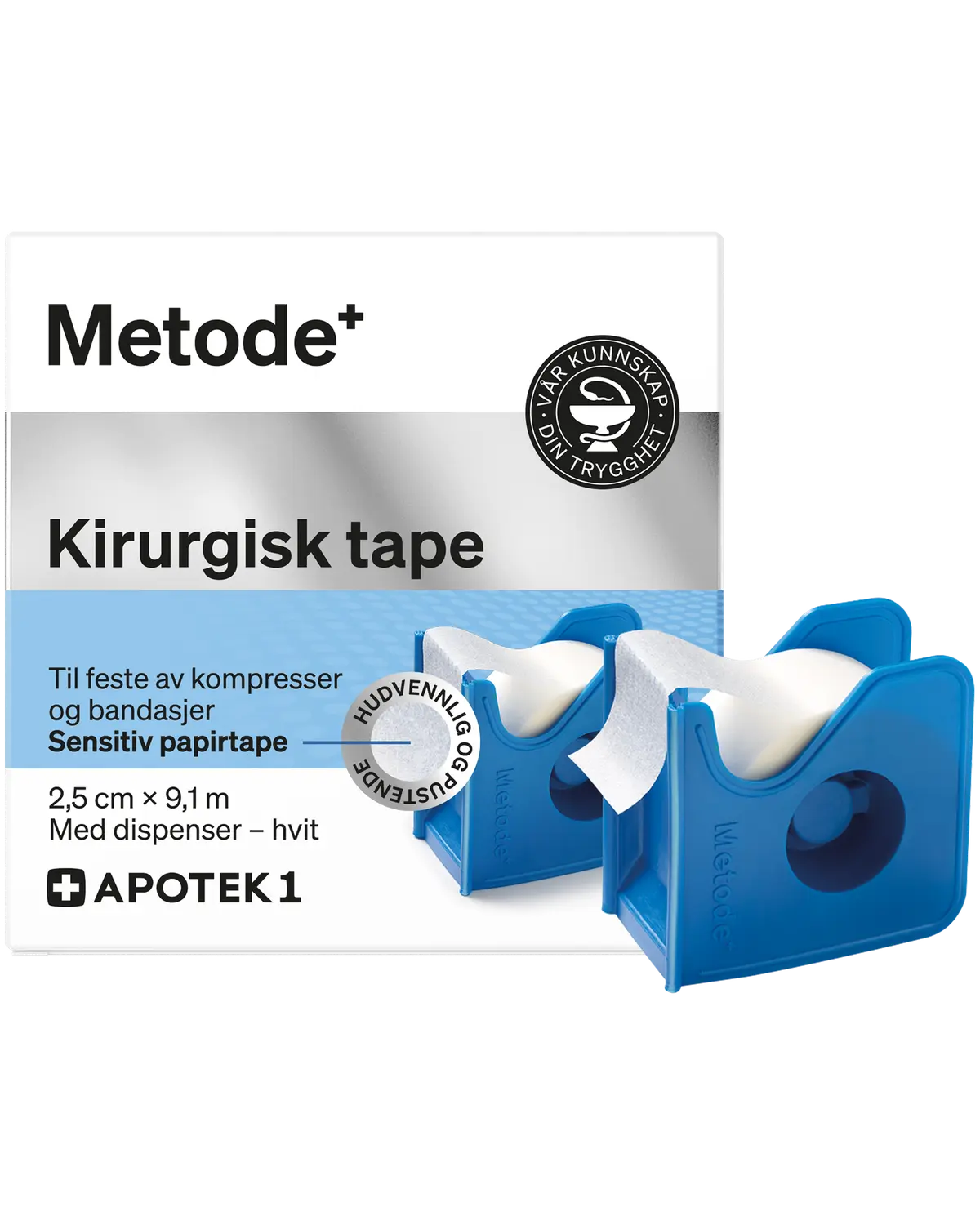 Metode kirurgisk tape 2,5 cm x 9,1 m hvit med dispenser 1 stk