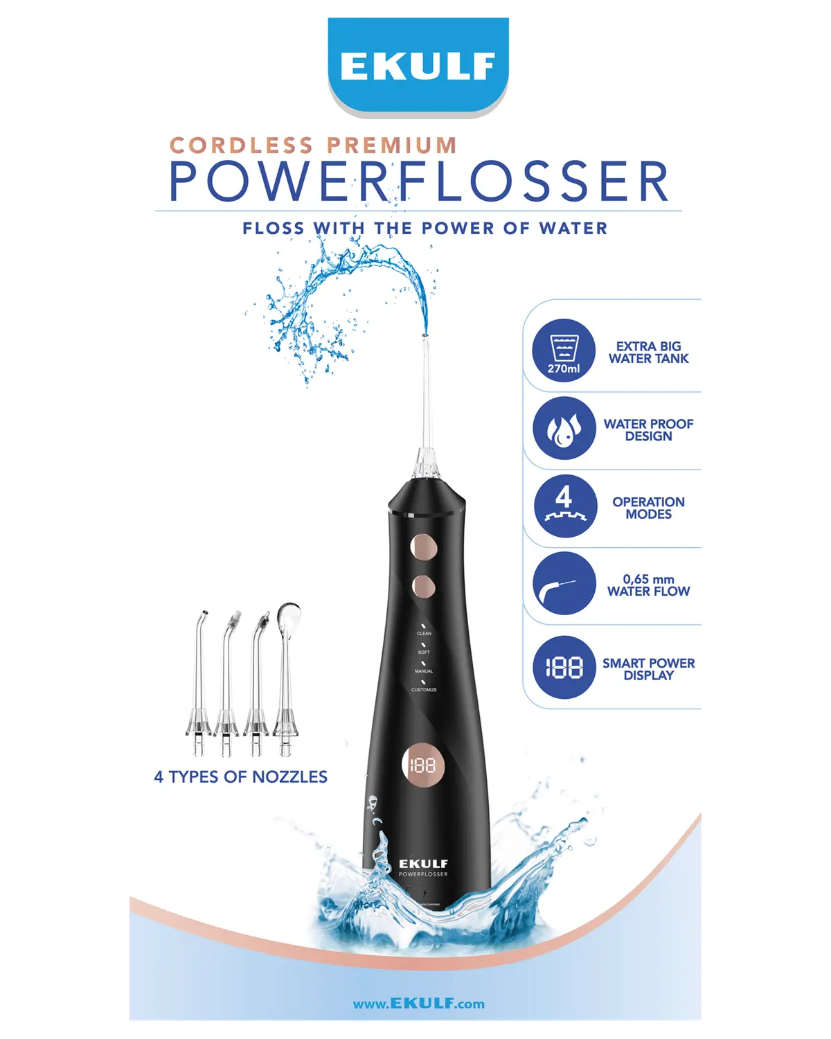 Ekulf PowerFlosser Cordless Premium munnskyller sort 1 stk