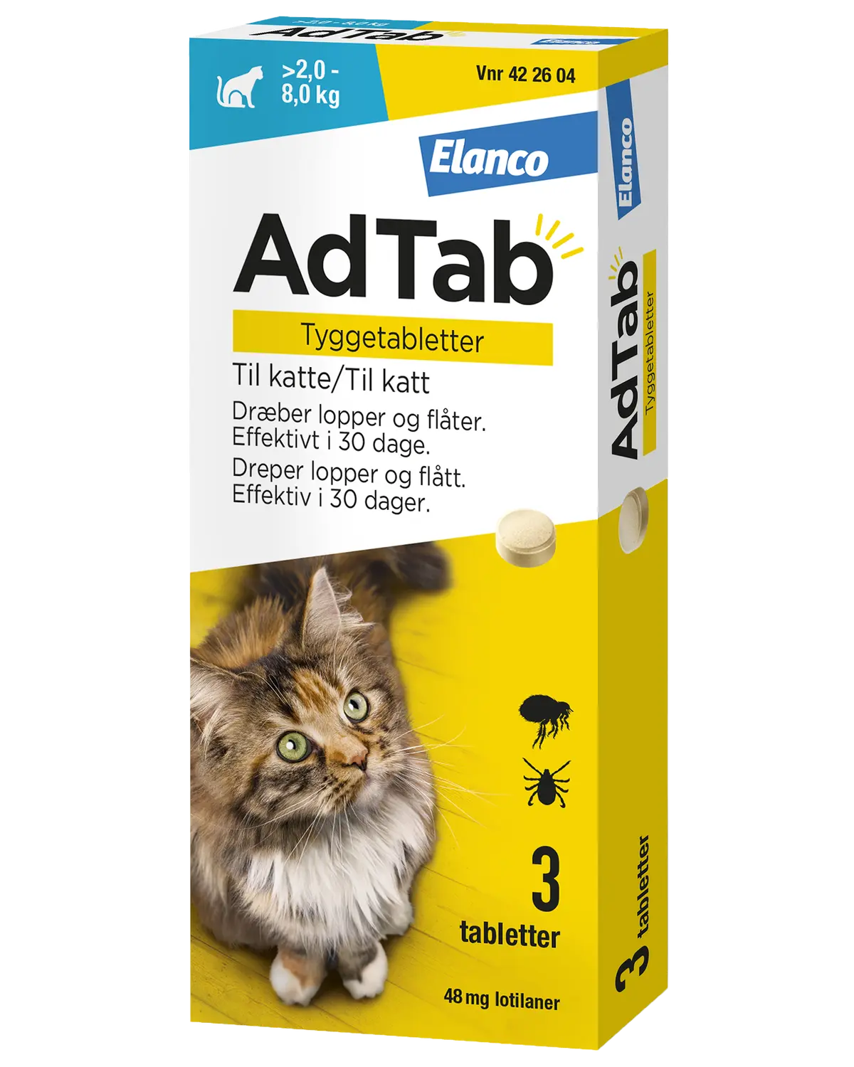 AdTab 48 mg tyggetabletter til katt (>2,0-8,0 kg) 3 stk
