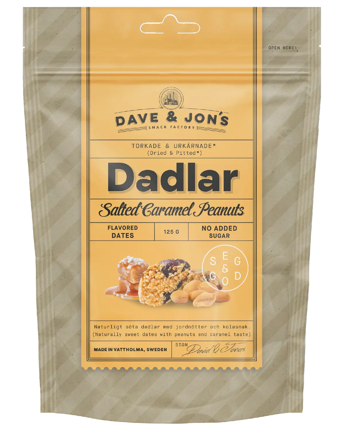 Dave & Jon's tørkede dadler salt karamell og peanøtter 125 g