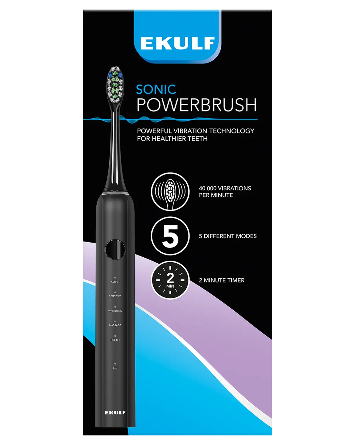 Ekulf Sonic Powerbrush elektrisk tannbørste sort 1 stk