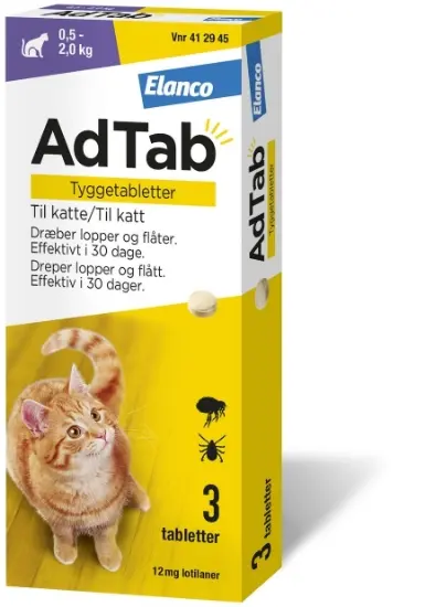 AdTab Vet tyggetabletter 12 mg katt – Loppe- og flåttbeskyttelse (3 stk)