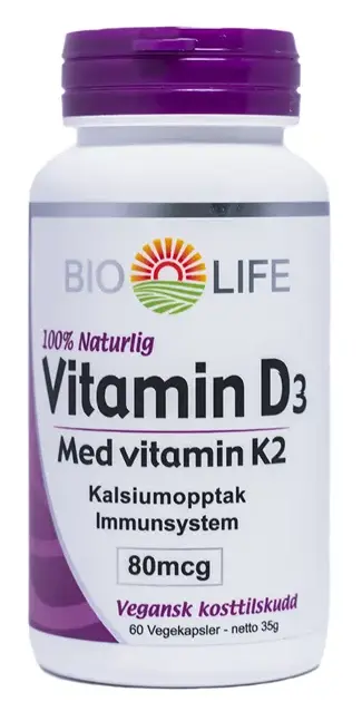 Bio-Life vitamin D3 med vitamin K2 60 kapsler