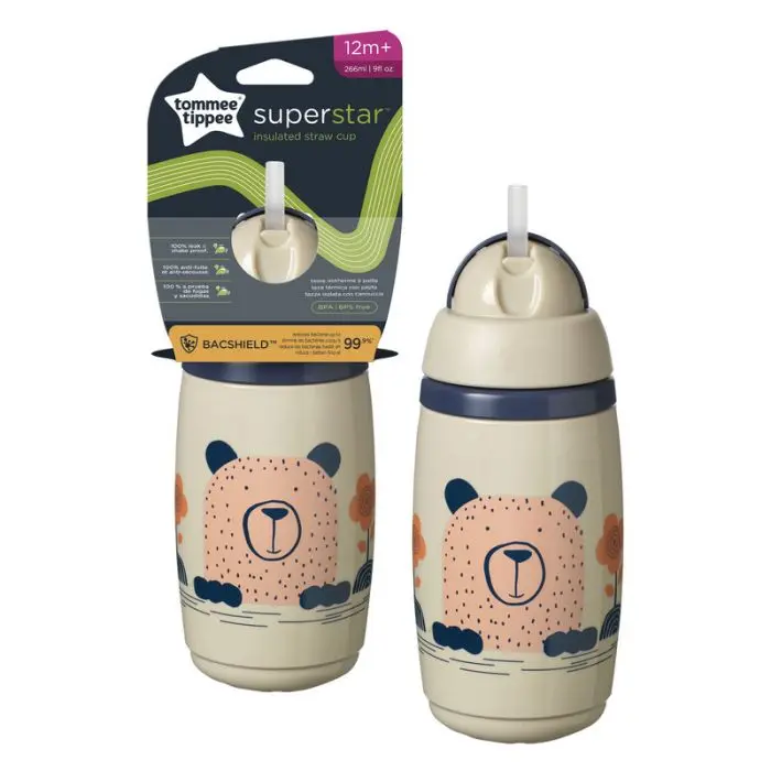 tommee tippee superstar insulated straw drikkekopp 12 mnd+ beige 266 ml