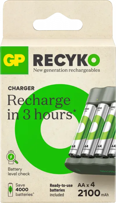 GP Recyko batterilader B441 inkl. 4st AA 2100mAh NiMH-batterier