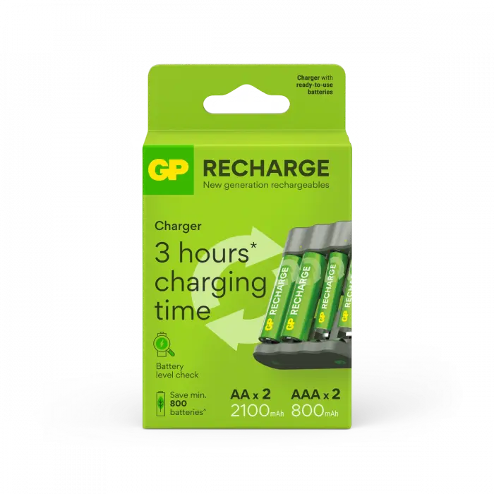 GP Recharge batterilader B441 inkl. 2 st AA 2100mAh og 2 st AAA 650mAh NiMH-batterier