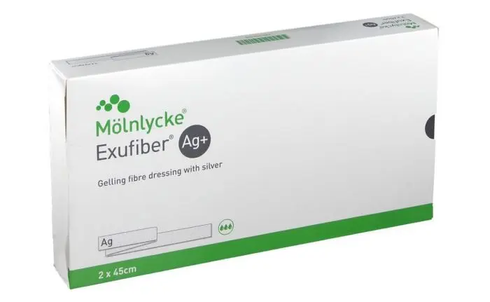 Exufiber Ag+ geldannende fiberbandasje 2x45 cm 5 stk