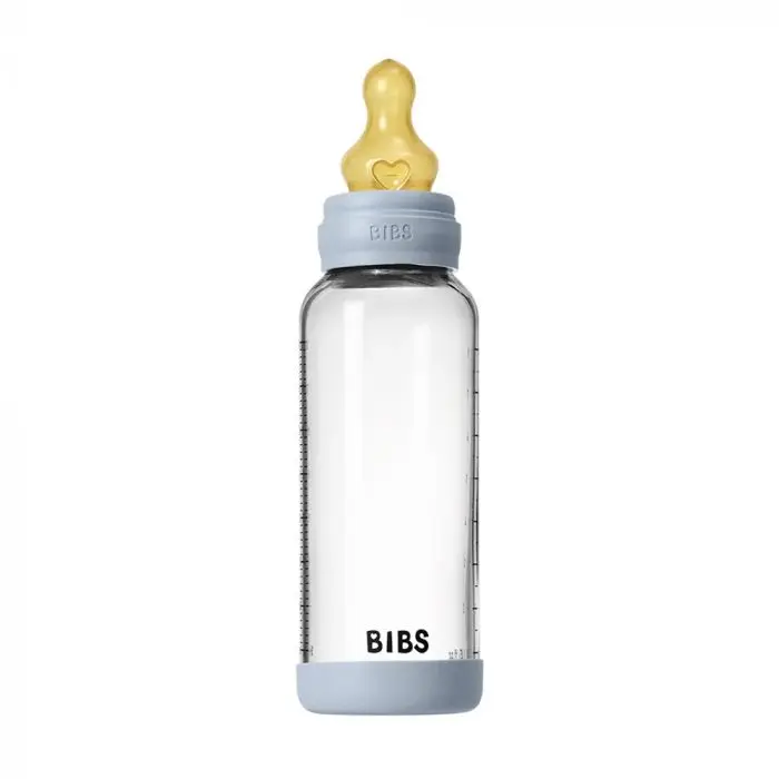 BIBS Glass Baby Bottle Round Latex Medium Flow Baby Blue 240 ml
