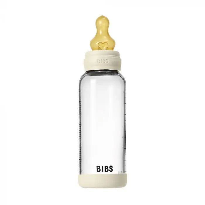 BIBS Glass Baby Bottle Round Latex Medium Flow Ivory 240 ml