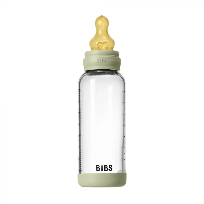 BIBS Glass Baby Bottle Round Latex Medium Flow Sage 240 ml