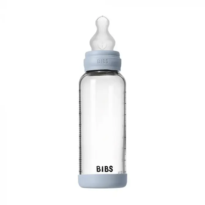 BIBS Glass Baby Bottle Round Silicone Medium Flow Baby Blue 240 ml