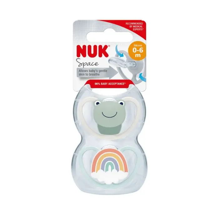 NUK Space Smokk Silikon Frosk 0-6 m 2 stk