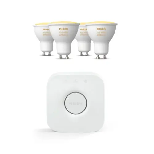 Pakke: 4 White ambiance GU10 + Hue Bridge