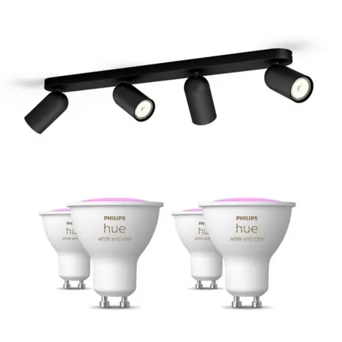 Pongee med 4 spotter, svarte + 4 fargede GU10-pærer