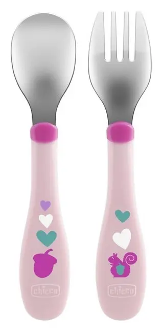Chicco Metallbestikk (skje og gaffel) - Fra 18 måneder - Rosa