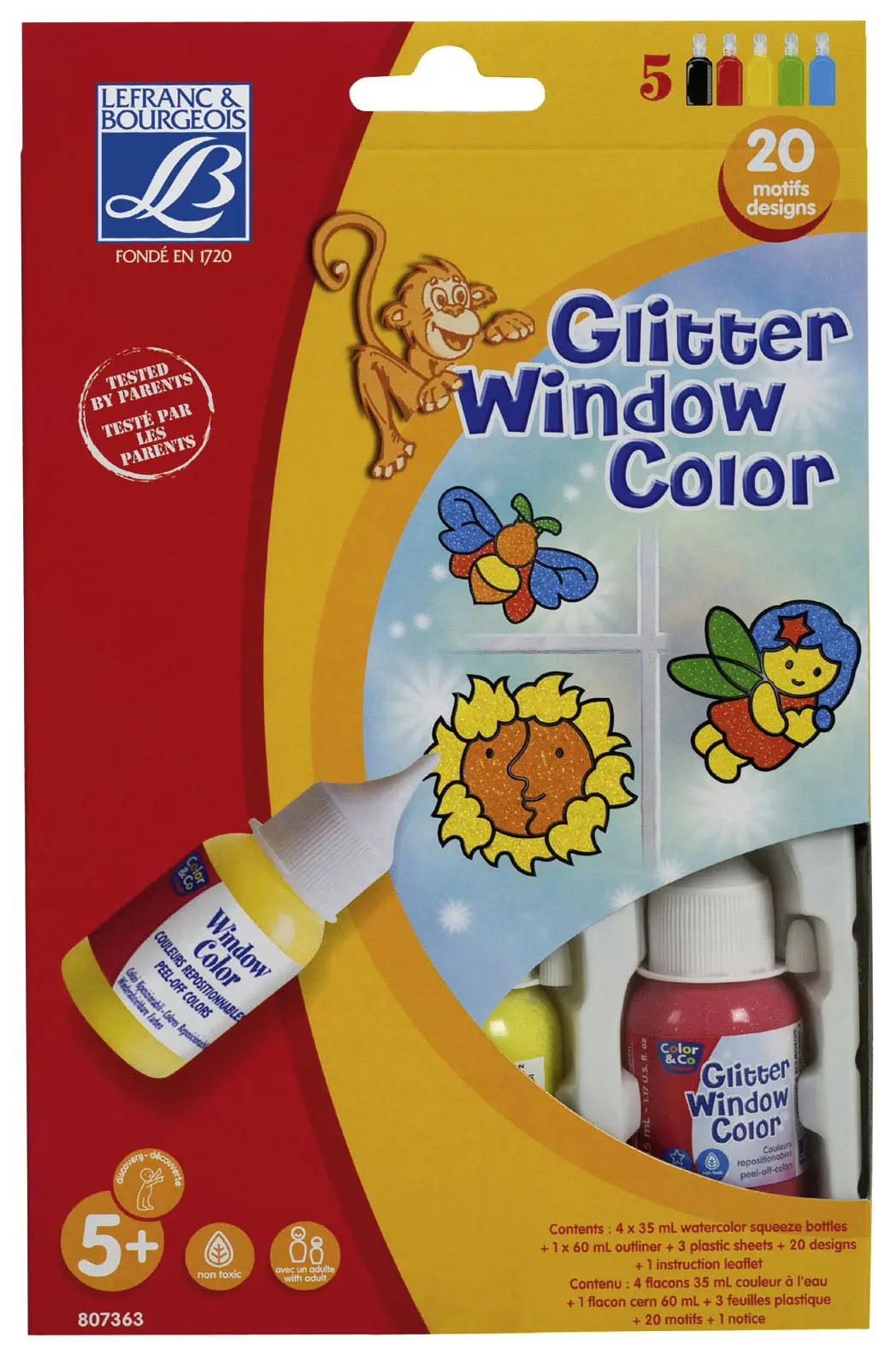 LB Hobby Glassmaling med Glitter - 4x35ml/1x60ml - Rød/Gul/Grønn/Blå/Sort