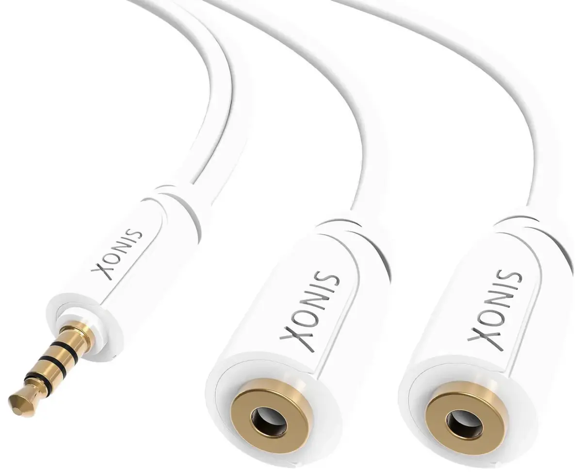 Sinox iMedia SXI3200R Lydadapterkabel – 3,5mm minijack (hann) til 2x3,5mm minijack (hunn), 4-pol, hvit – 0,2m