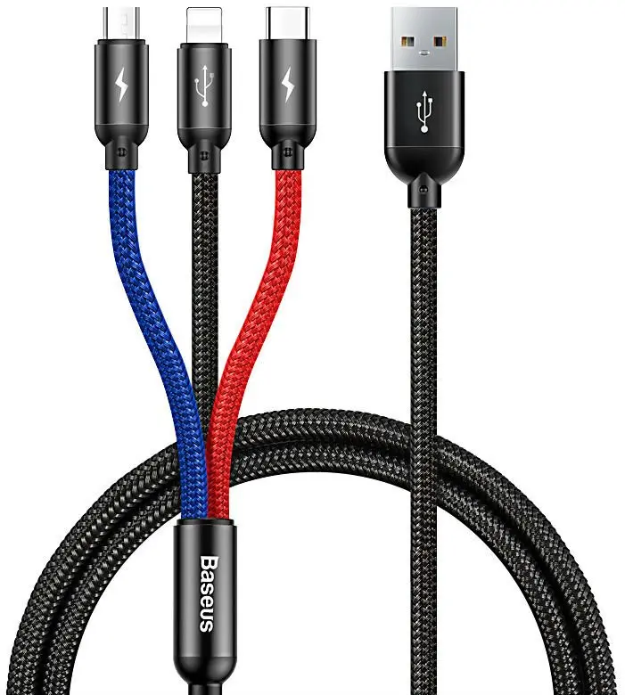 Baseus 3-i-1 USB-A til USB-C/Lightning/MicroUSB-kabel, 3.5A, 0.3m - Svart