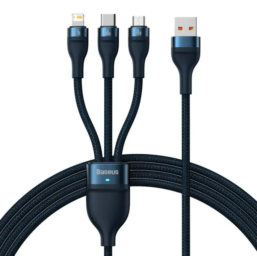 Baseus Flash Series 3-i-1 ladekabel USB-A til USB-C/MicroUSB/Lightning - 66W, 1,2m