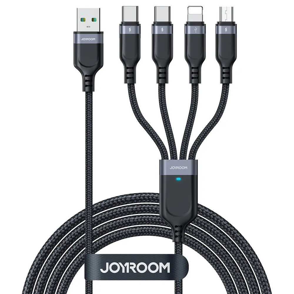 Joyroom Multi-Use Series S-A18 4-i-1 USB-A til 2x USB-C, Lightning og MicroUSB kabel &ndash; 1,2 m &ndash; Svart