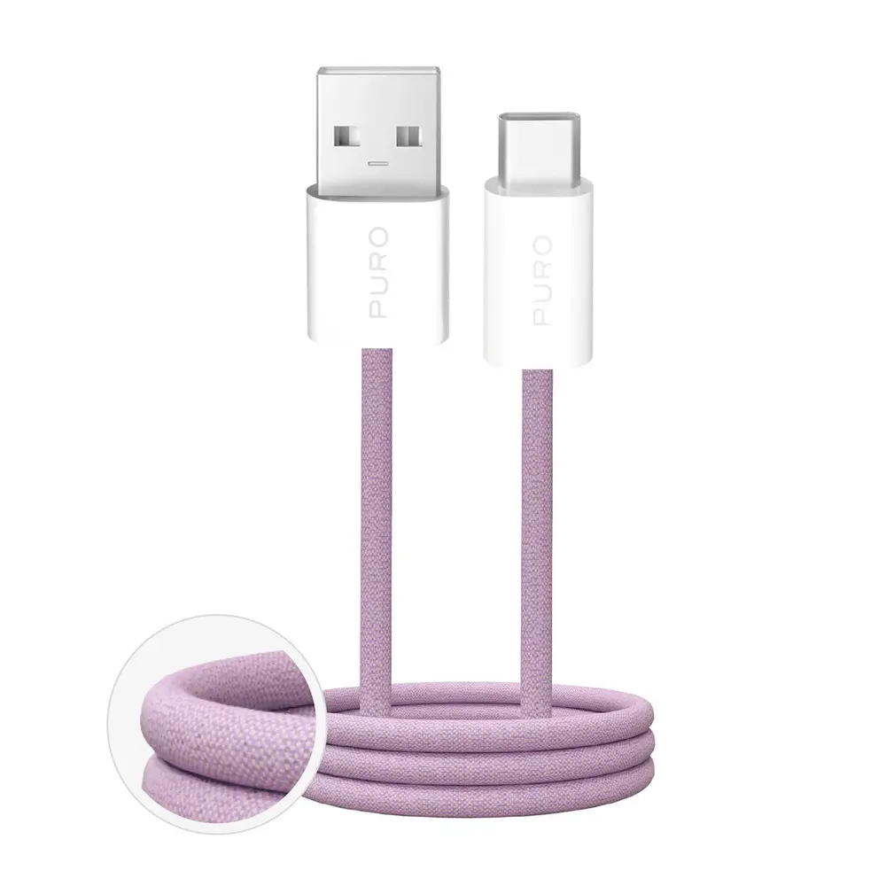 Puro Fabric 2.0 Flettet USB-A til USB-C Kabel - 10W, 1,5m - Rosa