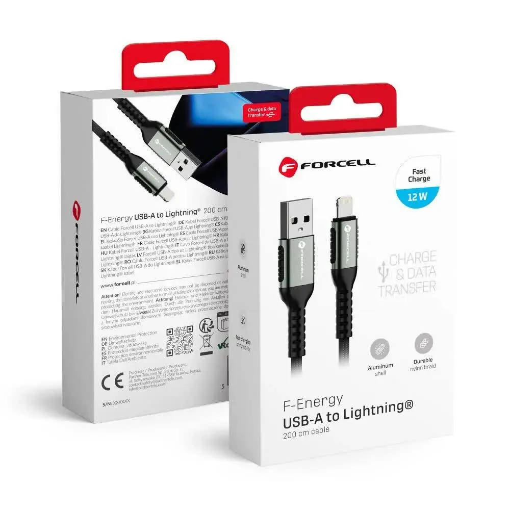 Forcell F-Energy C257 USB-A til Lightning-kabel - 2.4A, 12W, Svart - 2m
