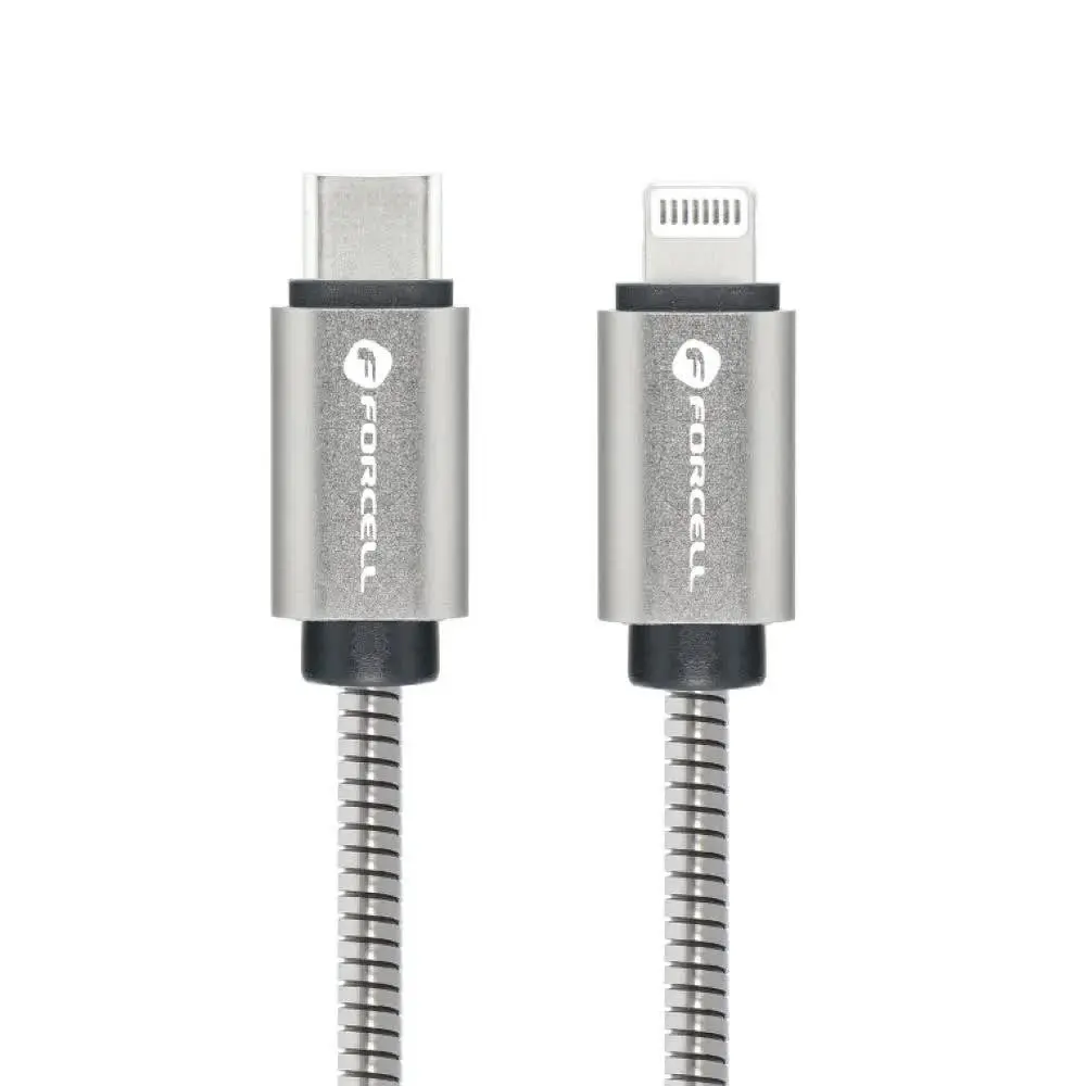 Forcell F-Energy C238 USB-C til Lightning-kabel, 3A, 27W, metall, sølv - 2m
