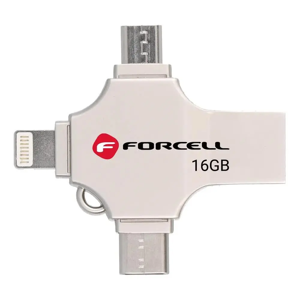 Forcell F-Data Metal Quad USB-minne - USB3.2 Gen 1, USB-A, USB-C, Lightning, MicroUSB, Sølv - 16GB