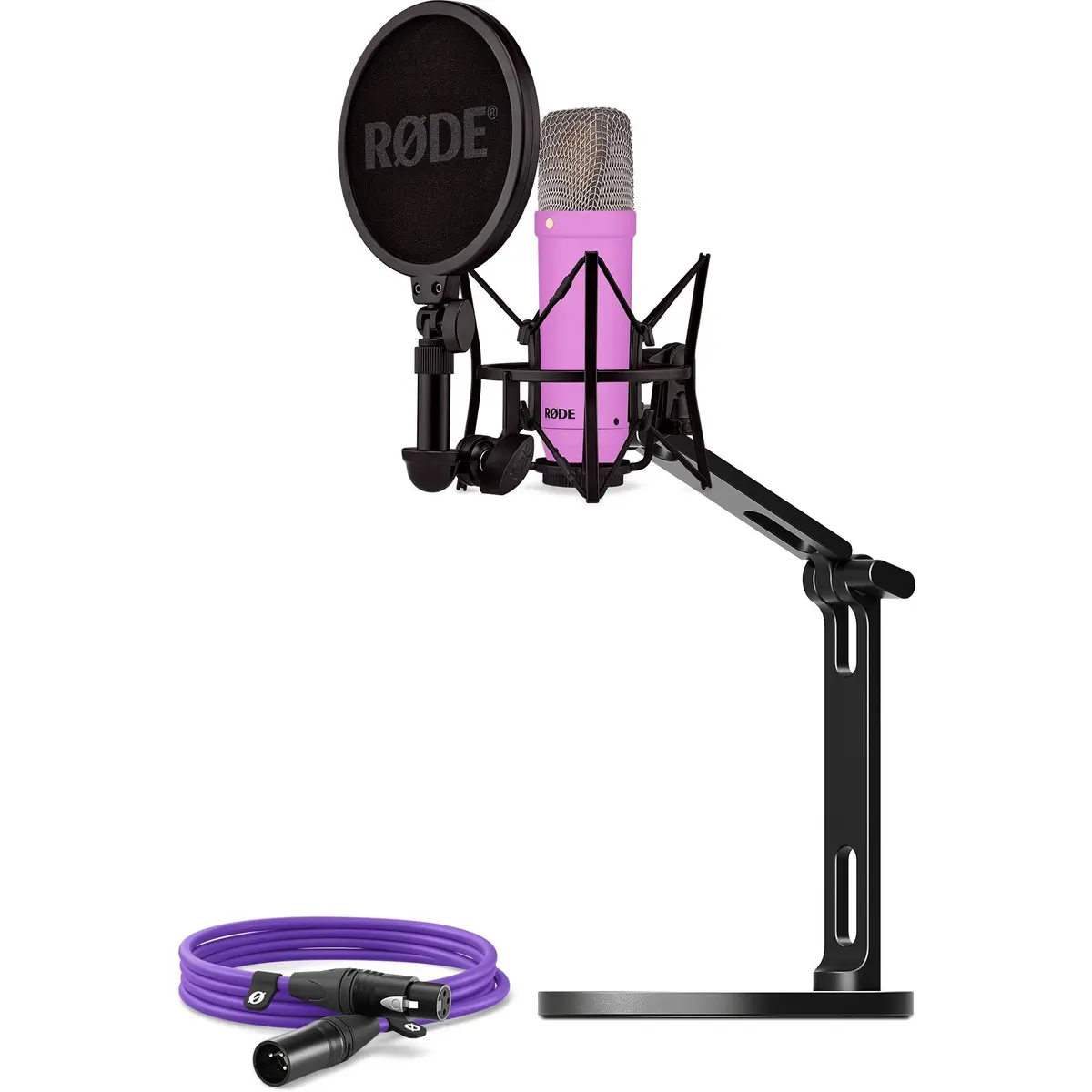 Røde NT1 Signature mikrofon med XLR-kabel og desktop studiobom - Lilla