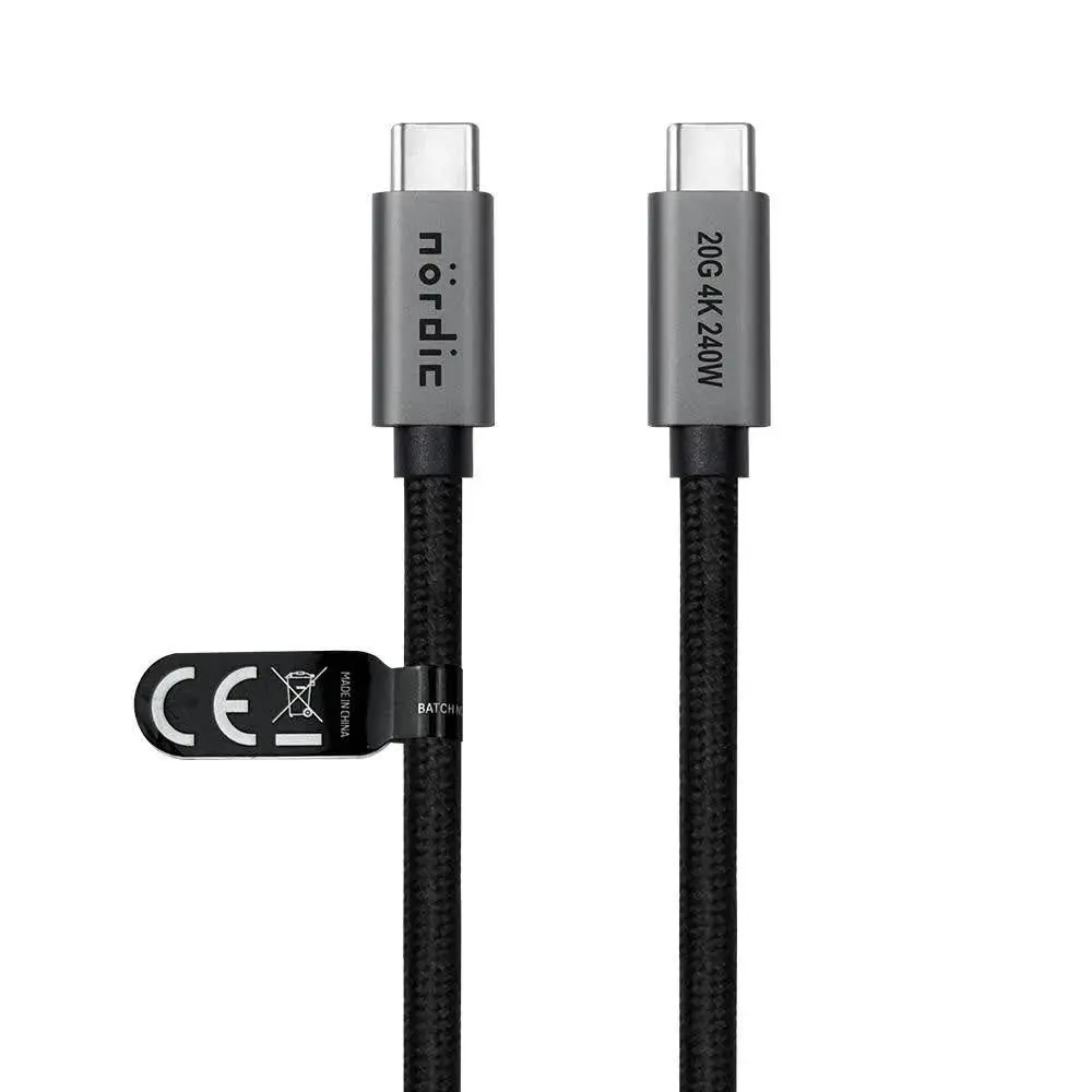 Nördic USB-C 3.2 Gen 2 kabel - Nylon, 240W, 20Gbps, 4K@60Hz, Grå - 25cm