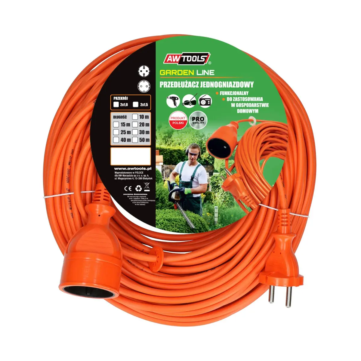 AWTools Utendørs skjøteledning uten jord, 15m, 2x1.0mm, 10A, 230V, 2500W – Oransje
