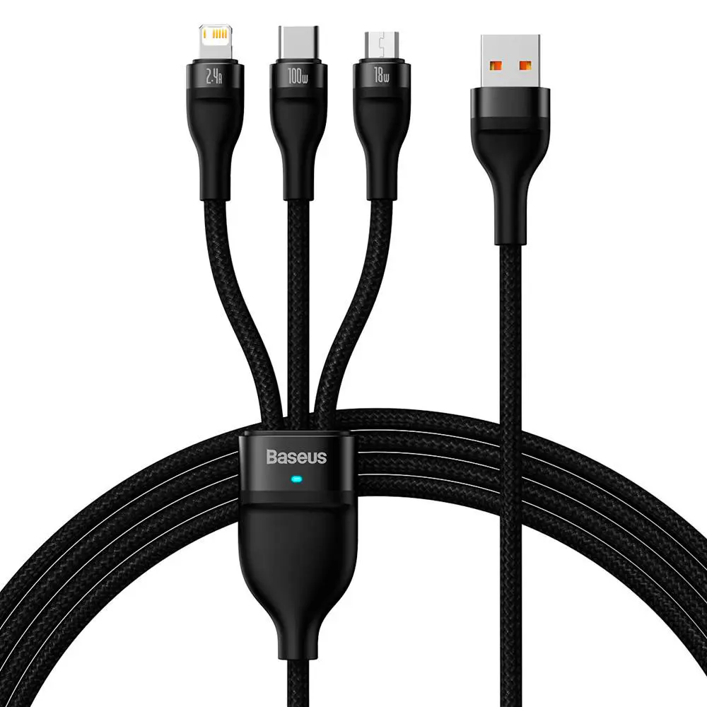 Baseus Flash II 3-i-1 USB-A/C Multikabel 100W - 1,5m, Svart