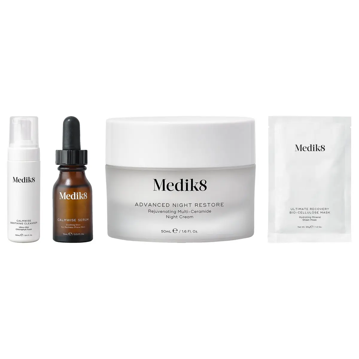 Medik8 Sensitive Skin Calming & Recovery Routine Cleanser 150ml, Serum 15ml, Night Cream 50ml, Mask