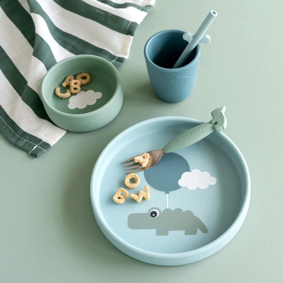 Silikon middagssett Happy clouds, blue