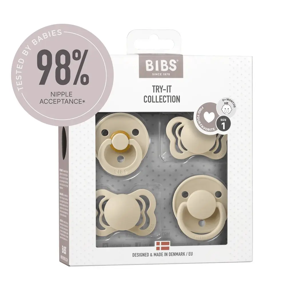 BIBS Try-It Collection smokker 4-pakk – ulike former og materialer, vanilla
