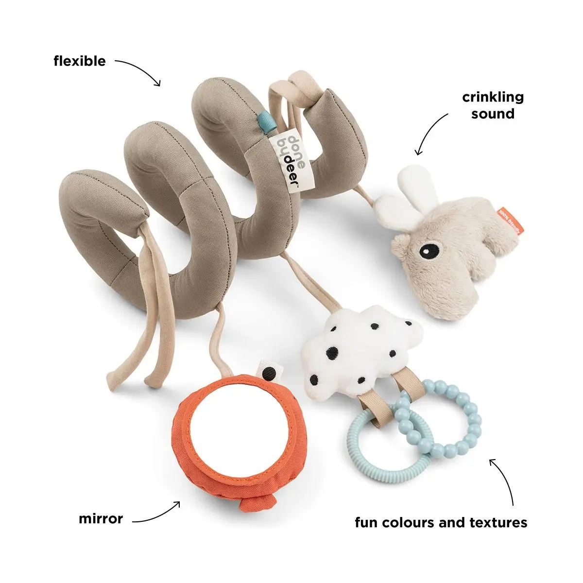 Baby aktivitetsspiral – Myke figurer og speil, sand