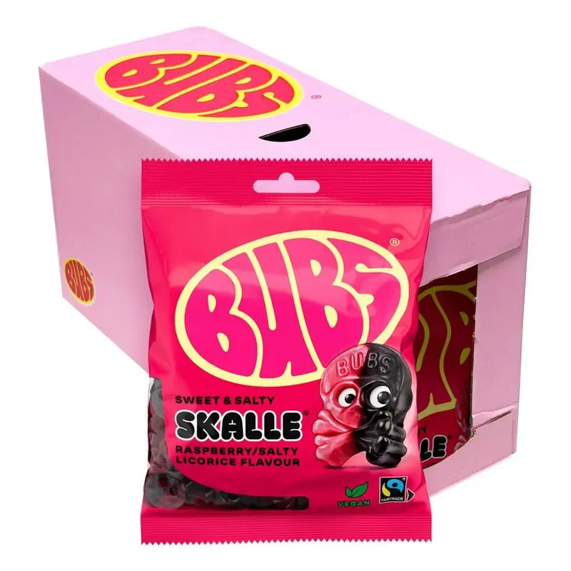 Bubs Raspberry Salty Licorice Skalle 16x90g | Storpakk