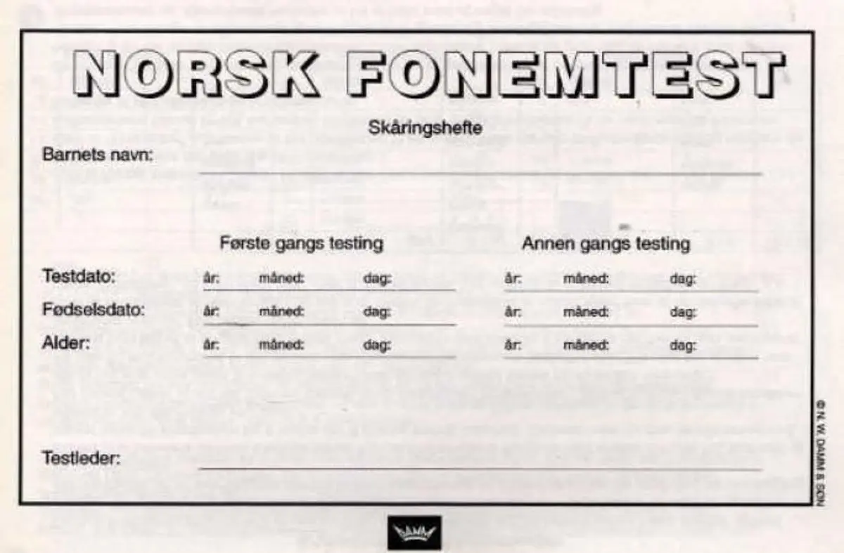Skåringshefter til Norsk fonemtest. Heidi Tingleff. Pakke à 10 eks