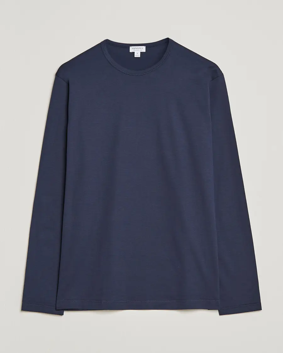 Sunspel Long Sleeve Crew Neck Cotton Tee Navy