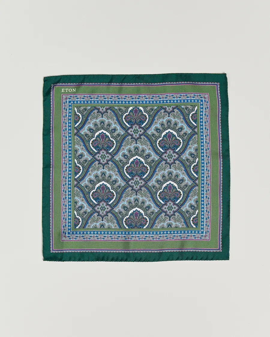 Eton Silk Paisley Print Pocket Square Green