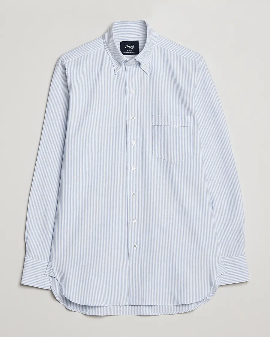 Drake's Striped Button Down Oxford Shirt Blue