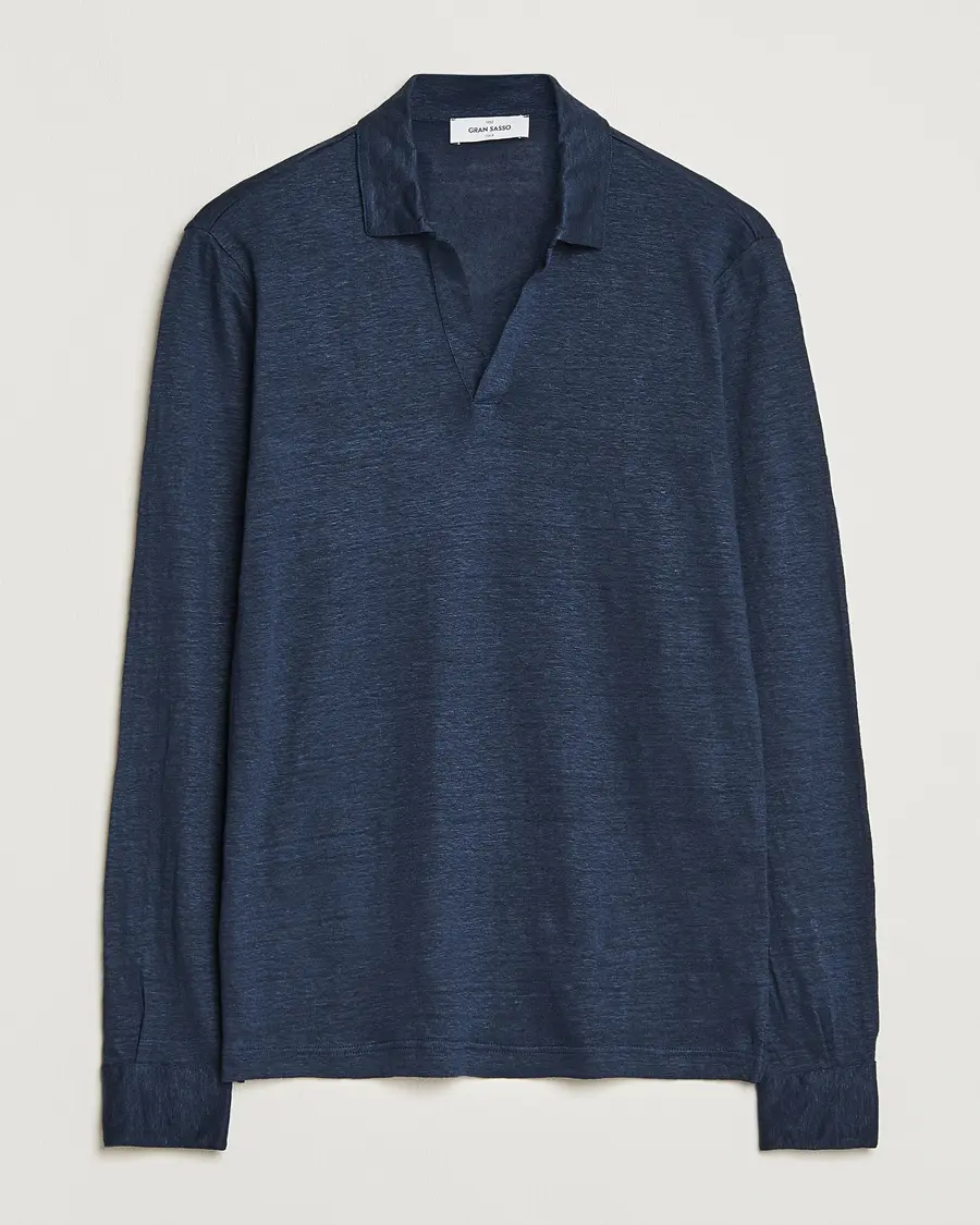 Gran Sasso Washed Linen Long Sleeve Polo Navy Melange
