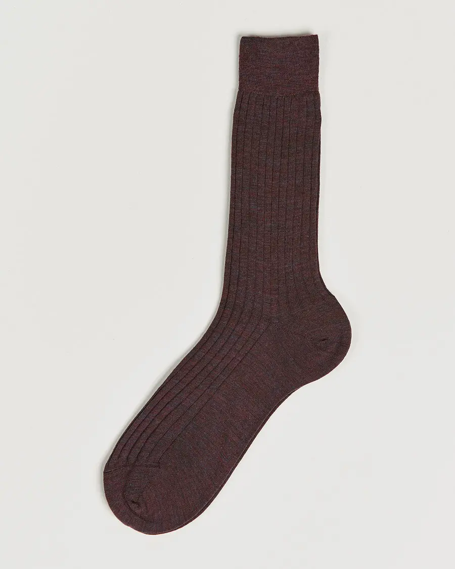 Bresciani Wool/Nylon Ribbed Short Socks Wine Melange