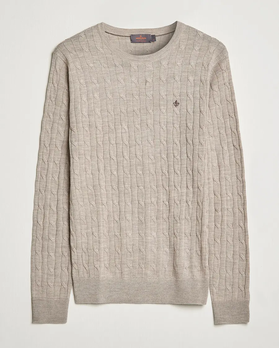 Morris Merino Cable Crew Neck Khaki Melange
