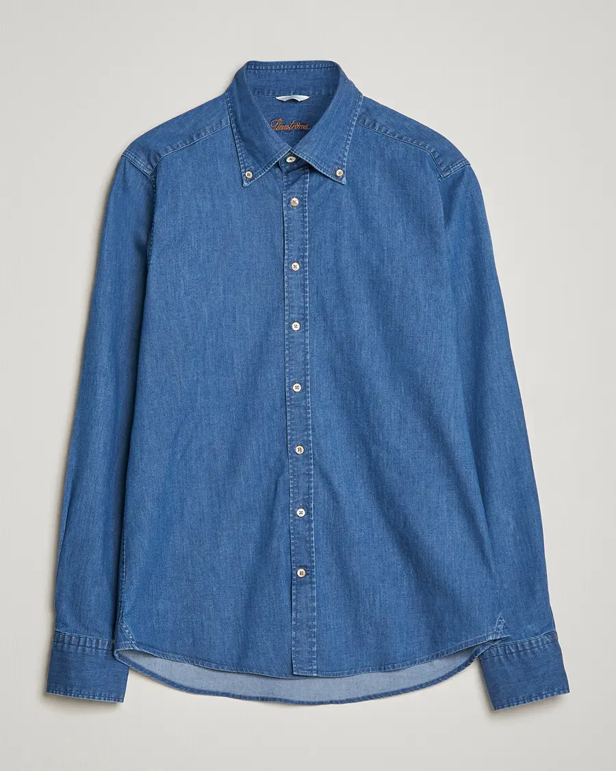 Stenströms Slimline Button Down Garment Washed Shirt Mid Blue Denim