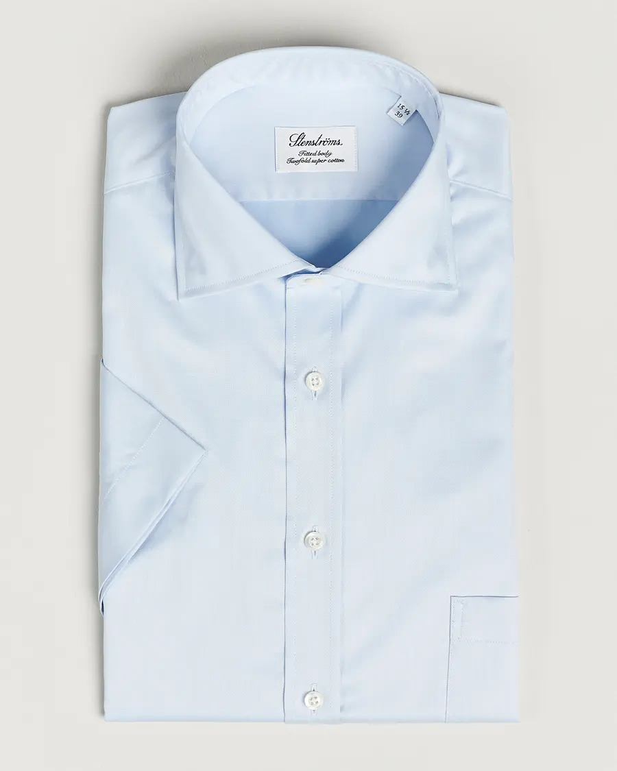 Stenströms Fitted Body Short Sleeve Twill Shirt Light Blue