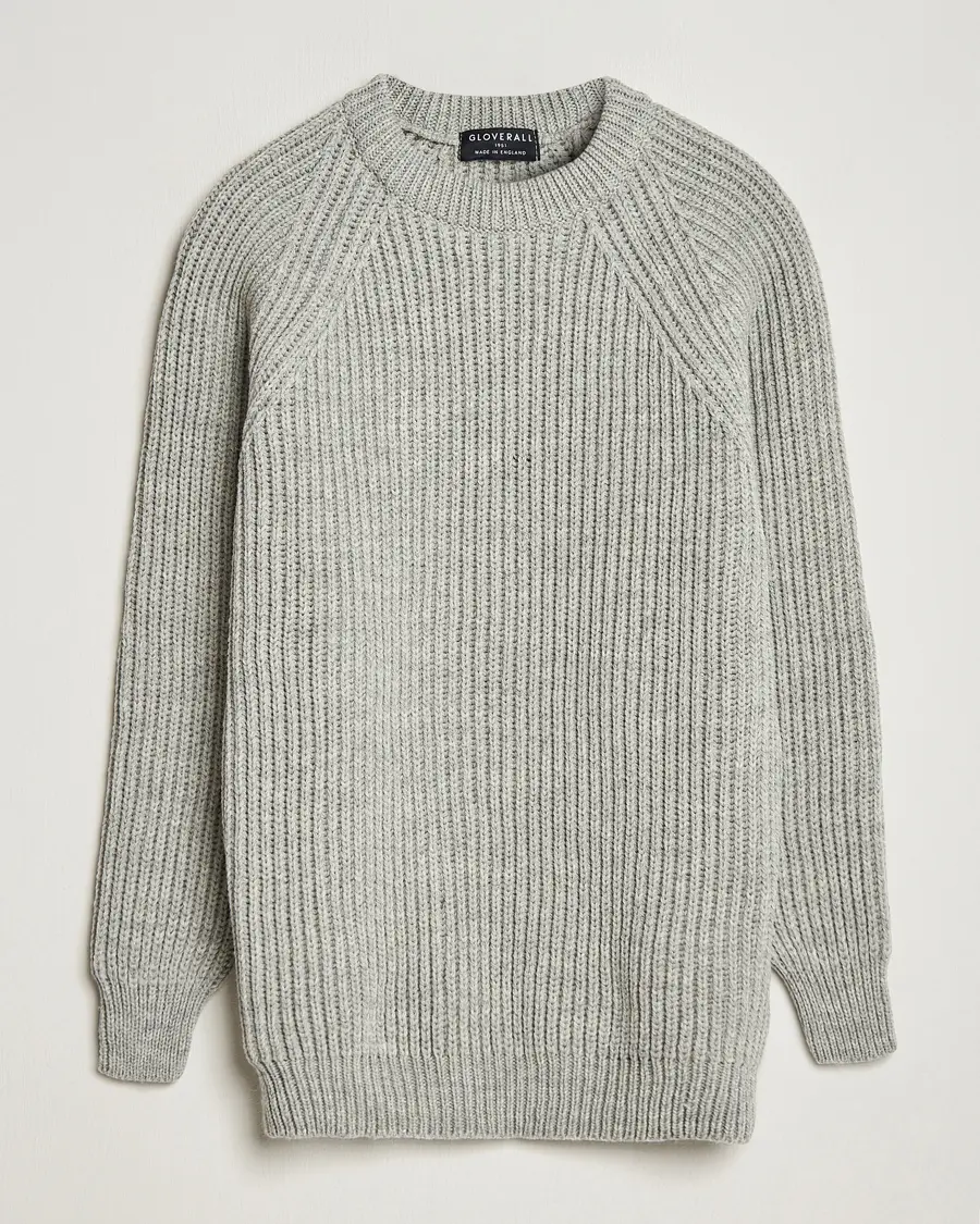 Gloverall Fisherman Rib Chunky Wool Crew Neck Light Grey