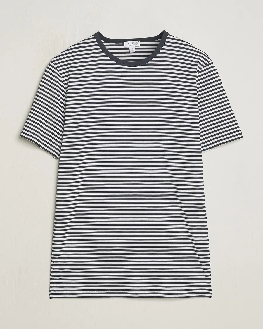 Sunspel Striped Crew Neck Q82 Cotton T-Shirt White/Navy