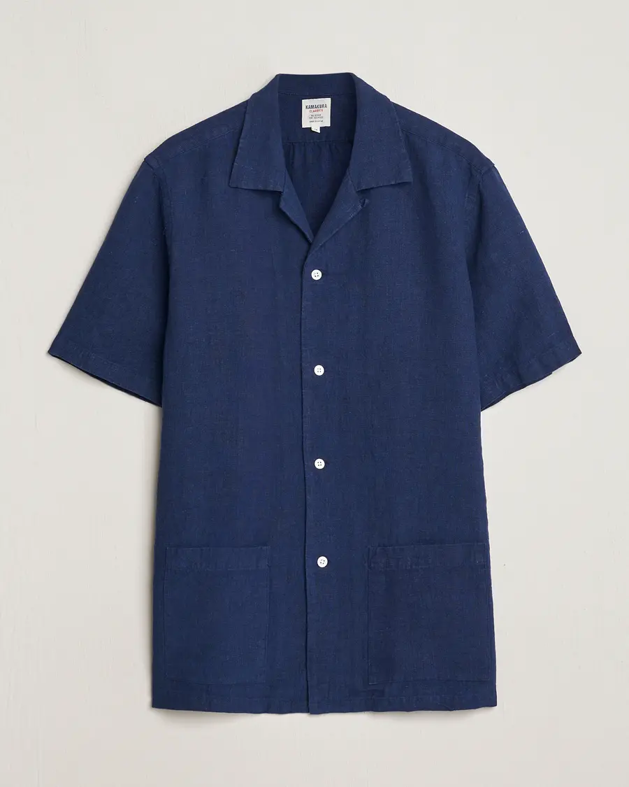 Kamakura Shirts Heavy Linen Beach Shirt Navy